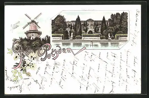 Lithographie Potsdam, Historische Mühle, Schloss Sanssouci