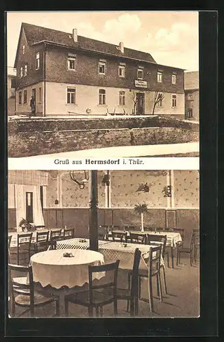 AK Hermsdorf i. Thür., Aussen- und, Innenansicht vom Gasthaus zur schönen Aussicht