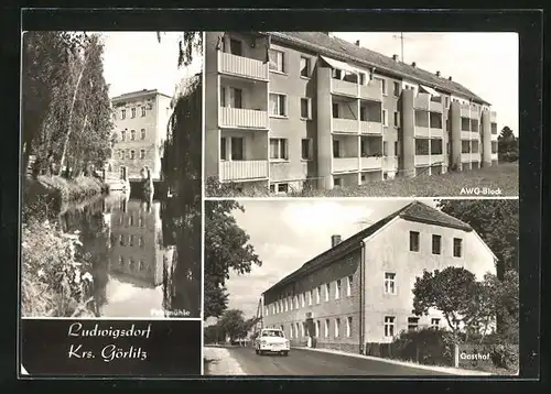 AK Ludwigsdorf, Pohlmühle, Gasthof, AWG-Block