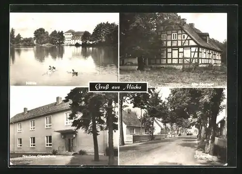 AK Mücka, Blick auf Mühle, Alte Försterei, Oberschule