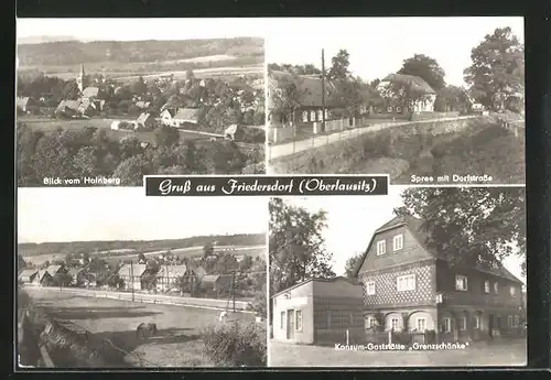 AK Friedersdorf /Oberlausitz, Konsum-Gasthaus Grenzschänke, Flusspartie der Spree, Blick vom Hainberg