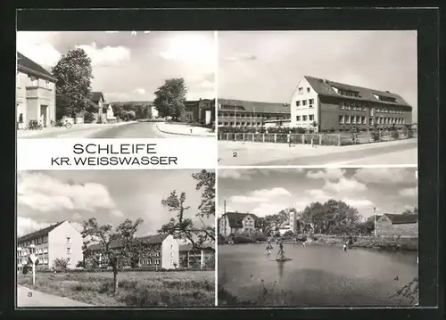 AK Schleife, Friedensstrasse, Ziergeflügelteich, Oberschule