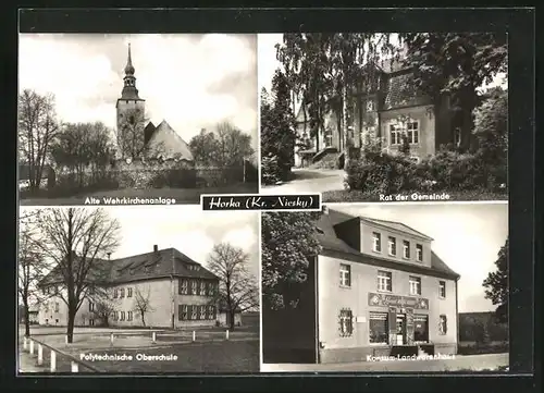 AK Horka / Niesky, Konsum-Landwarenhaus, Alte Wehrkirchenanlage, Rat der Gemeinde, Oberschule