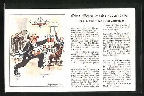 Künstler-AK Lied Ober! Schnell noch eine Runde her!, Zeichnung Ober beim Biertragen