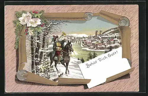 Lithographie Behüt Dich Gott!, Reiter mit Trompete vor der Stadt