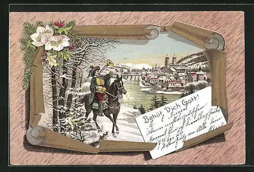 Lithographie Behüt Dich Gott!, Reiter mit Trompete