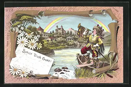 Lithographie Behüt Dich Gott!, Mann im Ruderboot mit Trompete vor Regenbogen