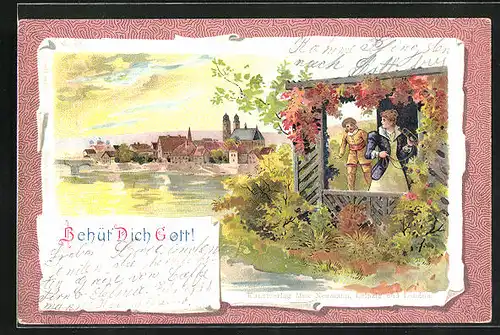 Lithographie Behüt Dich Gott!, Frau mit Trompete in herbstlicher Idylle