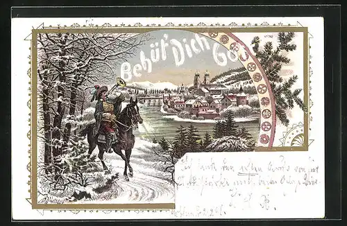 Lithographie Behüt Dich Gott!, Reiter mit Trompete im verschneiten Wald