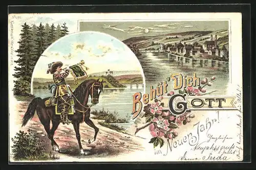 Lithographie Behüt Dich Gott!, Reiter mit Trompete am Flussufer