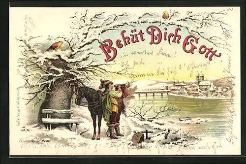 Lithographie Behüt Dich Gott!, Mann neben Pferd mit Trompete in Winteridylle