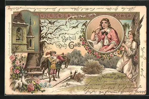 Lithographie Behüt Dich Gott!, Mann neben Pferd mit Trompete unter verschneitem Baum