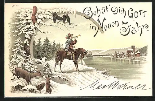 Lithographie Behüt Dich Gott!, Reiter mit Trompete am Flussufer