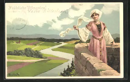 Künstler-AK Alfred Mailick: Burgfräulein winkt mit Schleier zu Pfingsten