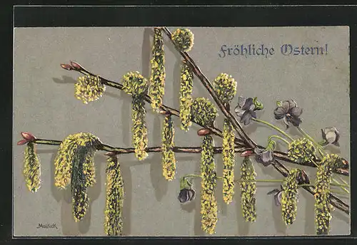 Präge-Künstler-AK Alfred Mailick: Blühende Zweige mit Ostergrüssen