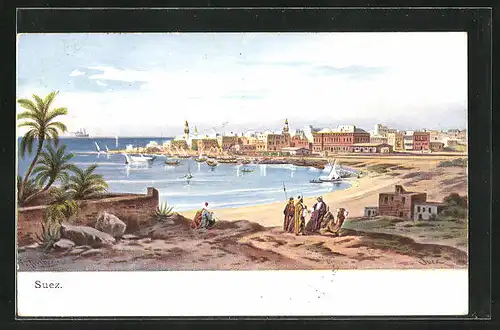 Künstler-AK Friedrich Perlberg: Suez, Blick in den Hafen
