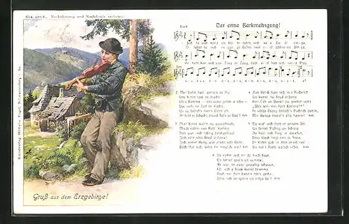 Lithographie Liedkarte, Dar arma Barkmahsgung mit Fiedler auf Berghütte