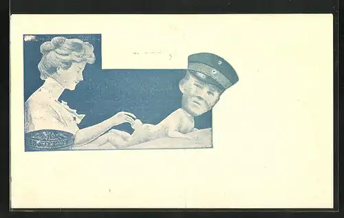 AK Fotomontage, Junge Frau und Soldat mit Schirmmütze als Kind