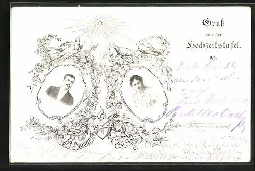 AK Berlin, Gruss von der Hochzeitstafel 1900, Brautpaar