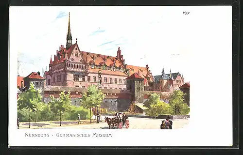 Künstler-AK Heinrich Kley: Nürnberg, Bayerische Landesausstellung 1906, Germanisches Museum mit Pferdewagen