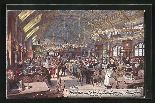Künstler-AK Fritz Quidenus: Festsaal im Münchner Hofbräuhaus