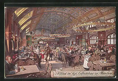 Künstler-AK Fritz Quidenus: Festsaal im Münchner Hofbräuhaus