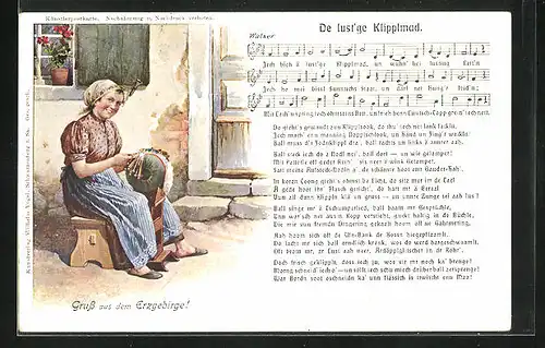 AK Lied De lust`ge Klipplmad, Junge Frau beim Klöppeln