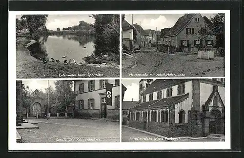 AK Forchheim /Kreis Freiburg, Hauptstrasse mit Linde, Schule und Kriegerdenkmal mit 