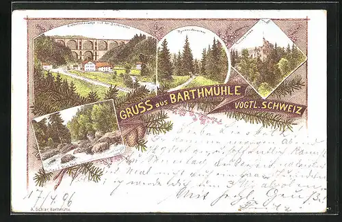 Lithographie Barthmühle /Vogt. Schweiz, Elsterthalbrücke, Pyramidenwiese, Ruine Liebau