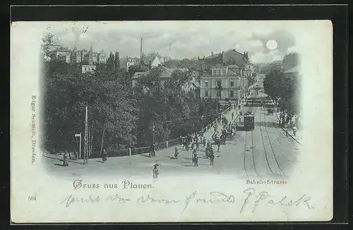 Mondschein-AK Plauen i. V., Bahnhofstrasse mit Strassenbahn im Vollmondlicht