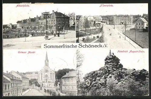 AK Schöneck i. V., Albertplatz, Unterer Markt, Friedrich August-Stein