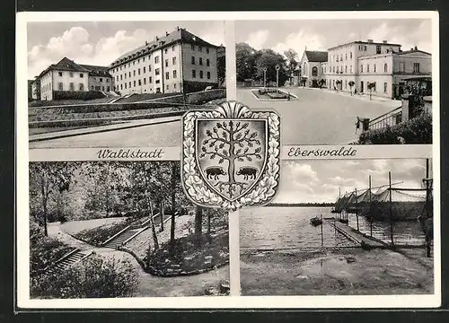 AK Eberswalde, Bahnhofsplatz, Steg mit Boot, Treppe im Park