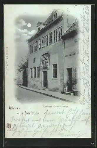 Mondschein-AK Eisleben, Blick auf Luthers Geburtshaus