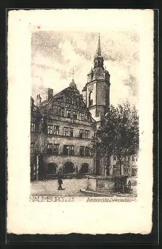 Lithographie Naumburg, Amtsgericht und Wenzelskirche