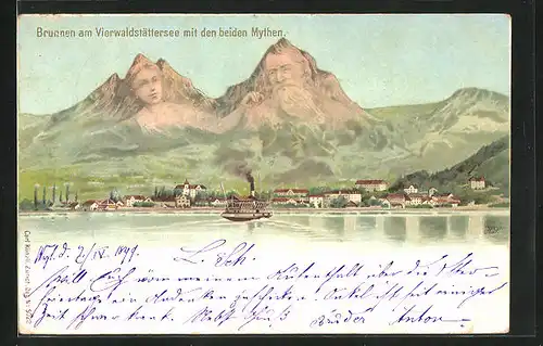 Lithographie Künzli Nr. 5022: Brunnen a. Vierwaldstättersee mit d. beiden Mythen, Berg mit Gesicht / Berggesichter