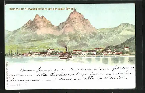 Lithographie Künzli Nr. 5022: Brunnen a. Vierwaldstättersee mit d. beiden Mythen, Berg mit Gesicht / Berggesichter