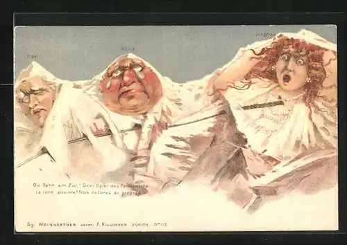 Künstler-AK Killinger Nr. 115: Drei Opfer der Jungfraubahn, Berg mit Gesicht / Berggesichter