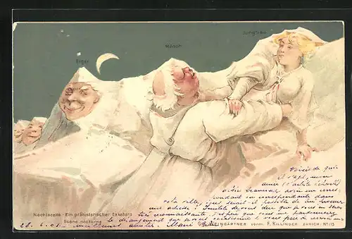 Künstler-AK Killinger Nr. 113: Mönch begehrt Jungfrau mit Eiger, Berg mit Gesicht / Berggesichter
