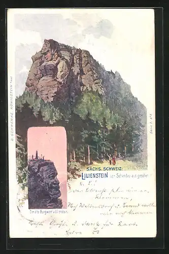 Künstler-AK Schwenke Ser. 1 Nr. 1: Schandau, Lilienstein, Berg mit Gesicht / Berggesichter