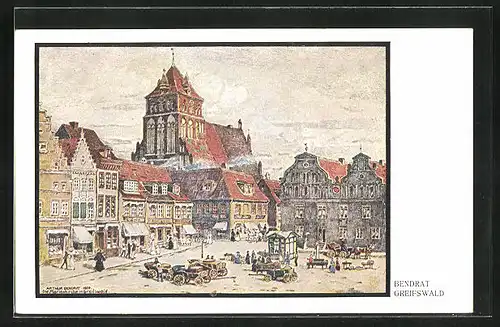 Künstler-AK Greifswald, Marktplatz mit Blick aufs Rathaus