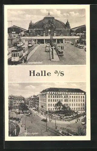 AK Halle a. d. Saale, Hauptbahnhof und Riebeckplatz, Strassenbahn