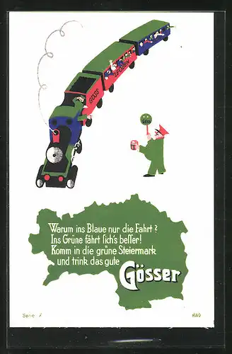 AK Gösser-Brauerei A.-G., Eisenbahn und Landkarte der Steiermark, Brauerei-Werbung