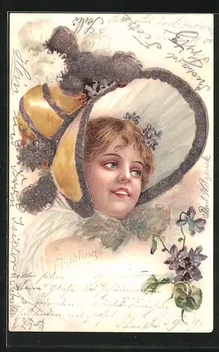 AK Fröhliches Mädchen mit grossem Hut, Jugendstil