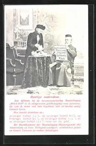 AK Paar beim gemeinsamen Frühstück mit Kaffee und Zeitung, Reklame für Levensverzekering-Mij. Holland