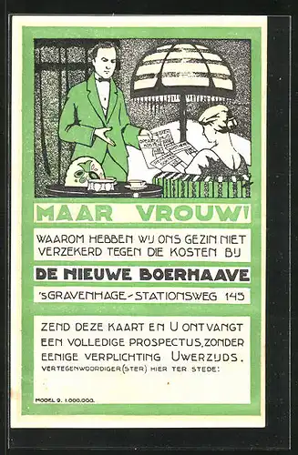 AK Reklame für Versicherung De Nieuwe Boerhaave, Paar betrachten die Kosten für Operation und Arzt
