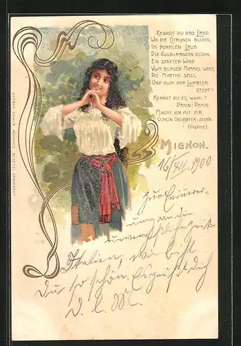 AK Junge Frau mit dunklen Locken Mignon, Jugendstil