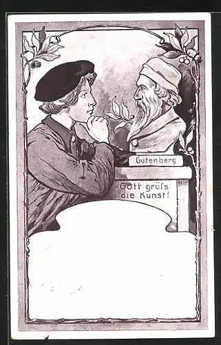 Künstler-AK Buchdruck, Büste des Johannes Gutenberg