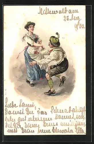 Lithographie Volkstanz, Mann und Frau in Trachten beim Tanz