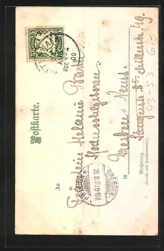 Lithographie Volkstanz, Mann und Frau in Trachten beim Tanz