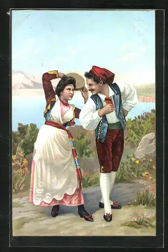 Lithographie Volkstanz, junges Paar in Trachten tanzen in der Natur